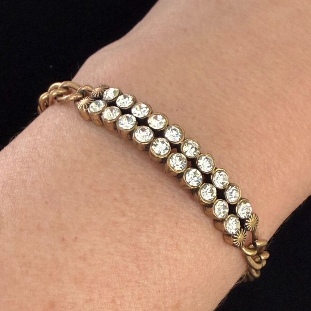 J Crew Gold-Tone Chain Bracelet With Double Row Clear Rhinestones Lobster Clasp